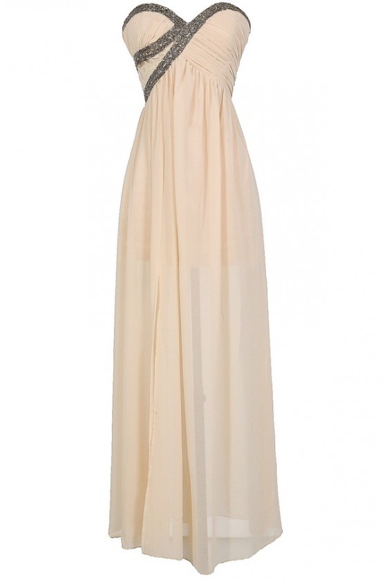 Silver Embellished Chiffon Designer Maxi Dress in Cream Lily Boutique